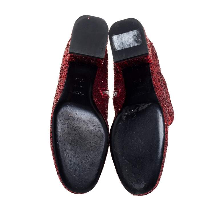 Pre Owned Saint Laurent Red Glitter Caleb Zippered Ankle Boots Size 37.5