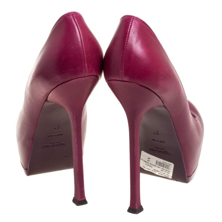 Pre Owned Saint Laurent Burgundy Leather Tribtoo Platform Pumps Size 37