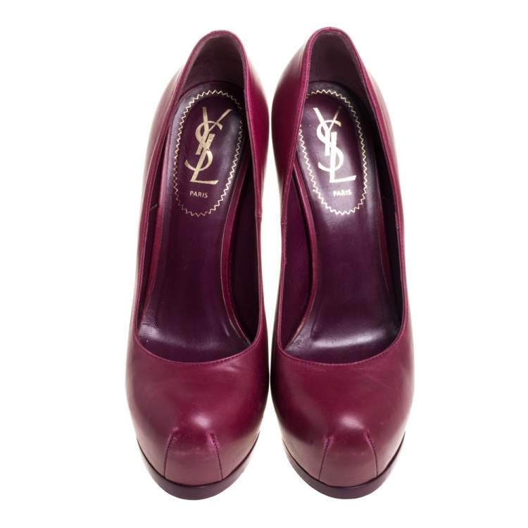 Pre Owned Saint Laurent Burgundy Leather Tribtoo Platform Pumps Size 37