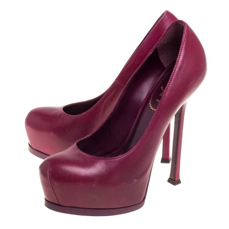 Pre Owned Saint Laurent Burgundy Leather Tribtoo Platform Pumps Size 37