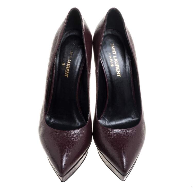 Pre Owned Saint Laurent Brown Leather Janis Pointed Toe Platform Pumps Size 38