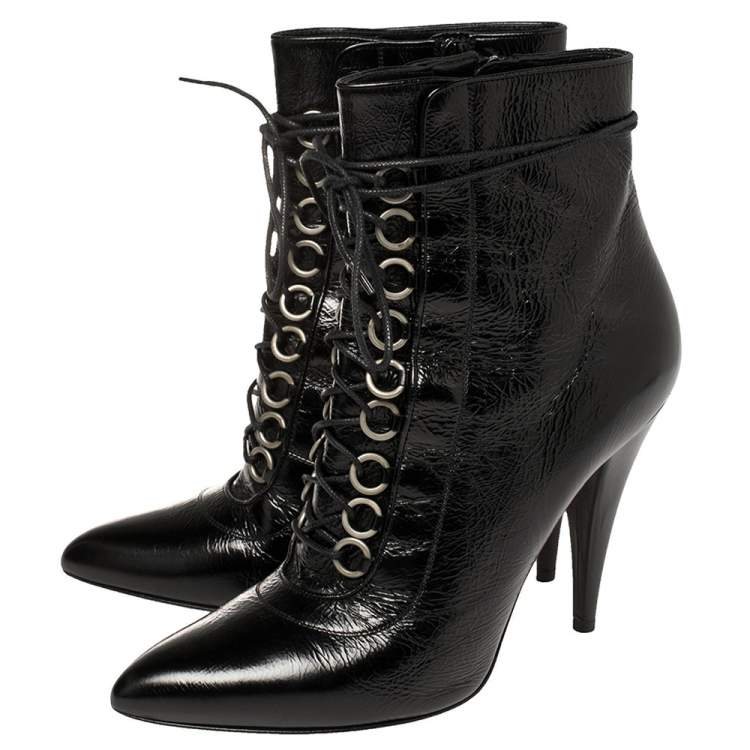 Pre Owned Saint Laurent Black Leather Lace Up Pointed Toe Ankle Booties Size 39