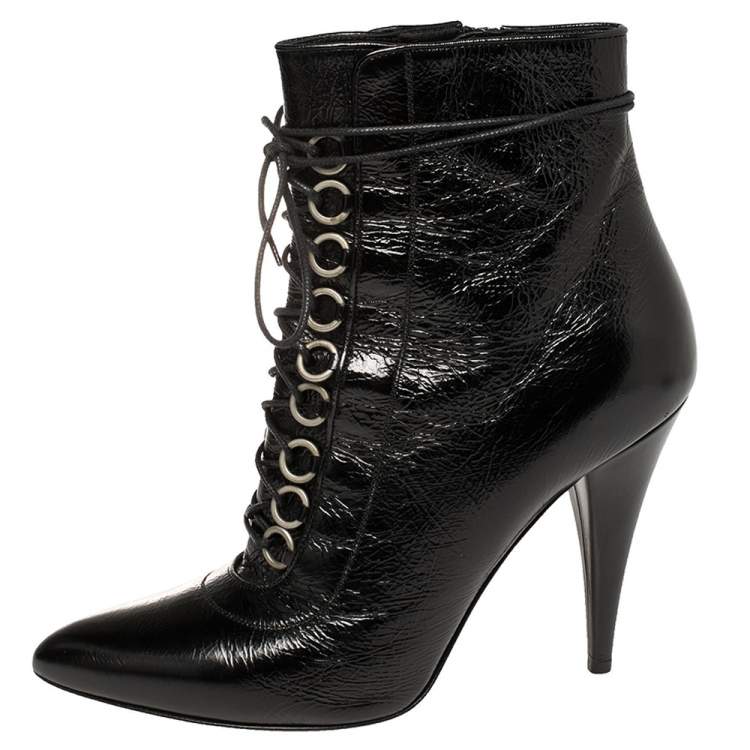 Pre Owned Saint Laurent Black Leather Lace Up Pointed Toe Ankle Booties Size 39