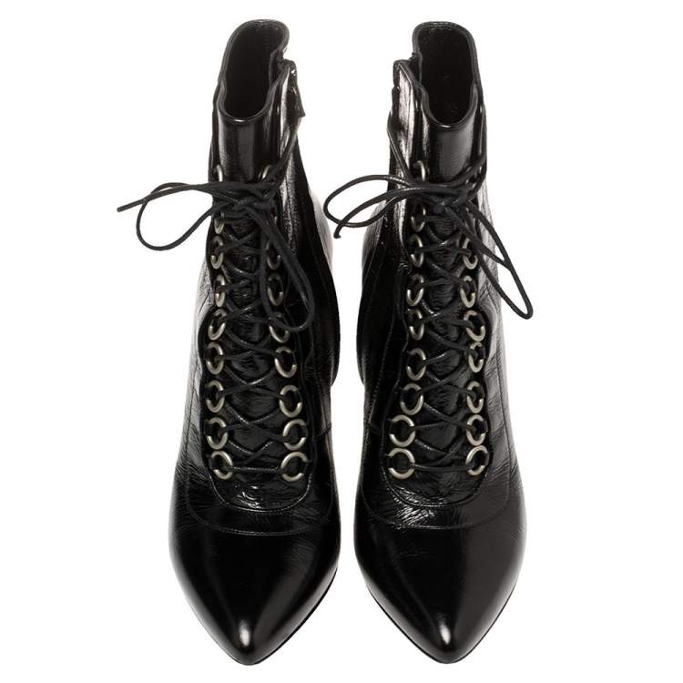 Pre Owned Saint Laurent Black Leather Lace Up Pointed Toe Ankle Booties Size 39