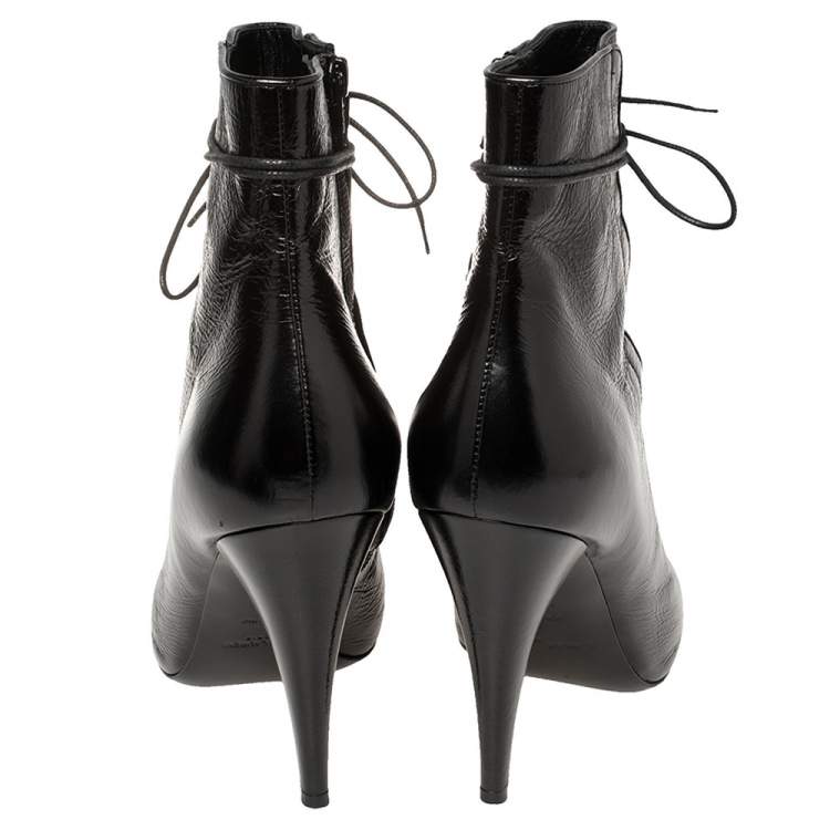 Pre Owned Saint Laurent Black Leather Lace Up Pointed Toe Ankle Booties Size 39
