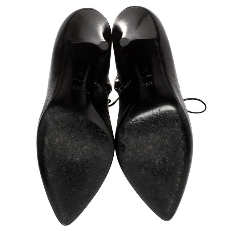 Pre Owned Saint Laurent Black Leather Lace Up Pointed Toe Ankle Booties Size 39