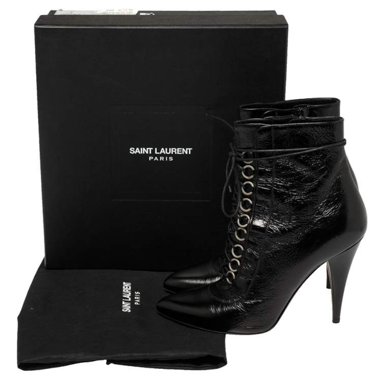 Pre Owned Saint Laurent Black Leather Lace Up Pointed Toe Ankle Booties Size 39