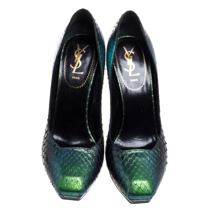 Pre Owned Saint Laurent Green Python Armor Pumps Size 39.5