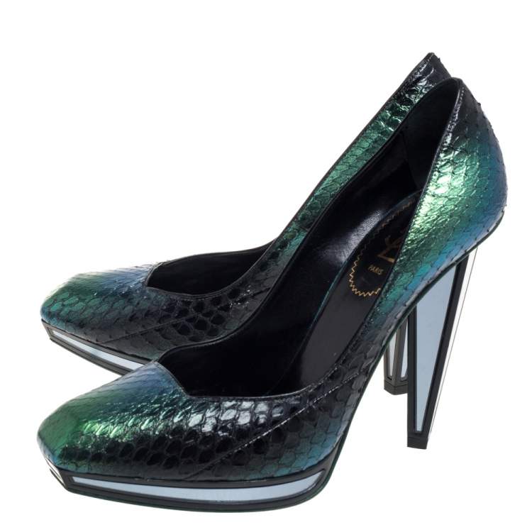 Pre Owned Saint Laurent Green Python Armor Pumps Size 39.5