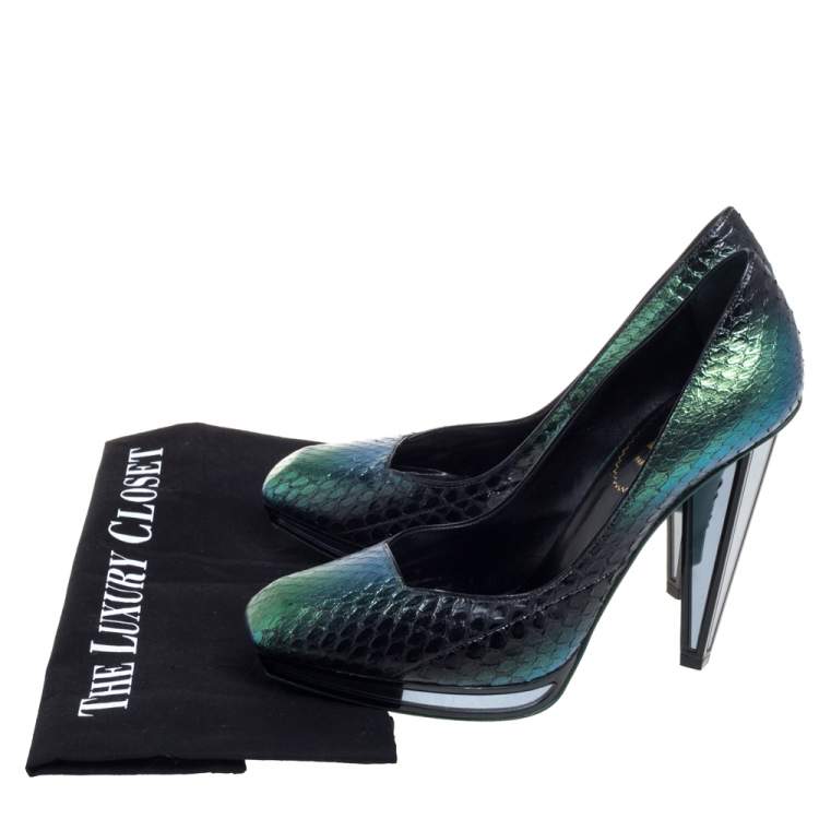 Pre Owned Saint Laurent Green Python Armor Pumps Size 39.5