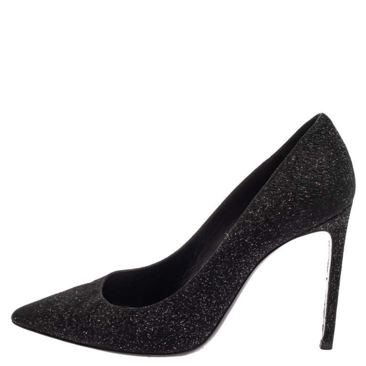 Pre Owned Saint Laurent Black  Glitter And Suede Pointed Toe  Pumps Size 39.5