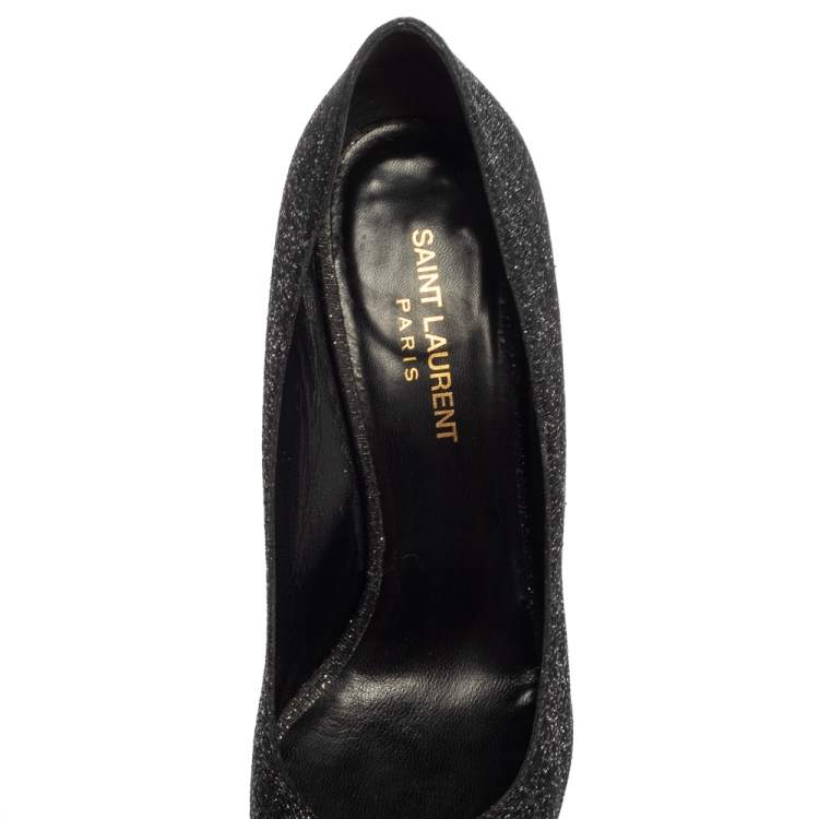 Pre Owned Saint Laurent Black  Glitter And Suede Pointed Toe  Pumps Size 39.5