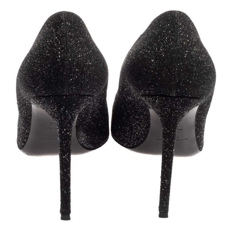 Pre Owned Saint Laurent Black  Glitter And Suede Pointed Toe  Pumps Size 39.5