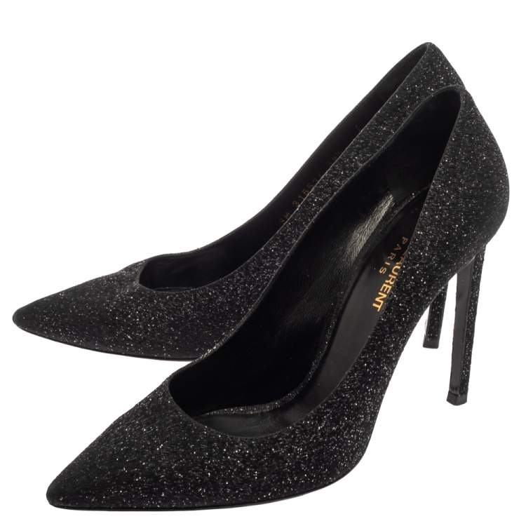 Pre Owned Saint Laurent Black  Glitter And Suede Pointed Toe  Pumps Size 39.5
