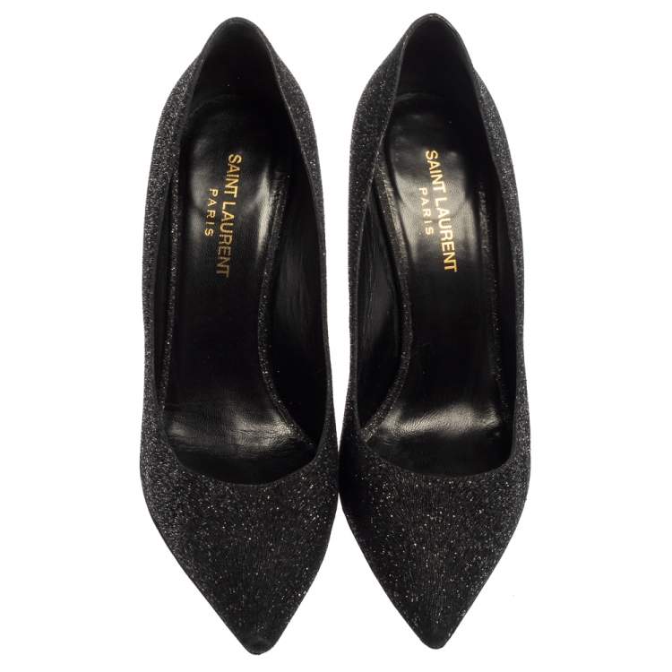 Pre Owned Saint Laurent Black  Glitter And Suede Pointed Toe  Pumps Size 39.5