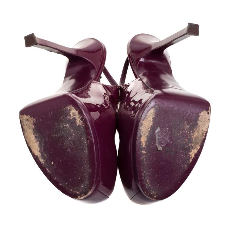 Pre Owned Saint Laurent Burgundy Patent Leather Round Toe Slingback Pumps Size 39