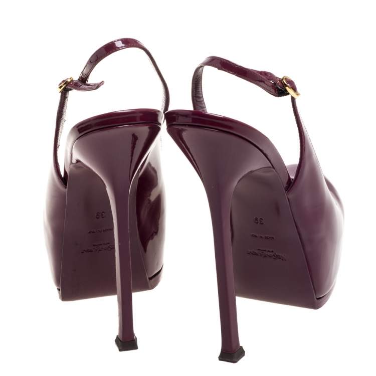 Pre Owned Saint Laurent Burgundy Patent Leather Round Toe Slingback Pumps Size 39