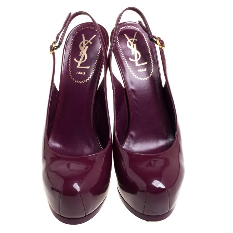 Pre Owned Saint Laurent Burgundy Patent Leather Round Toe Slingback Pumps Size 39