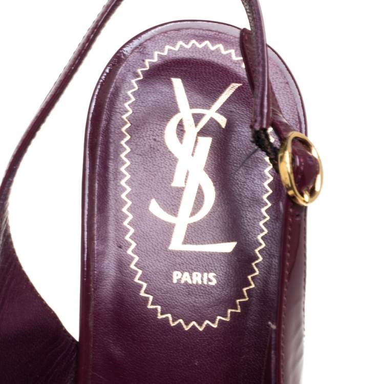 Pre Owned Saint Laurent Burgundy Patent Leather Round Toe Slingback Pumps Size 39