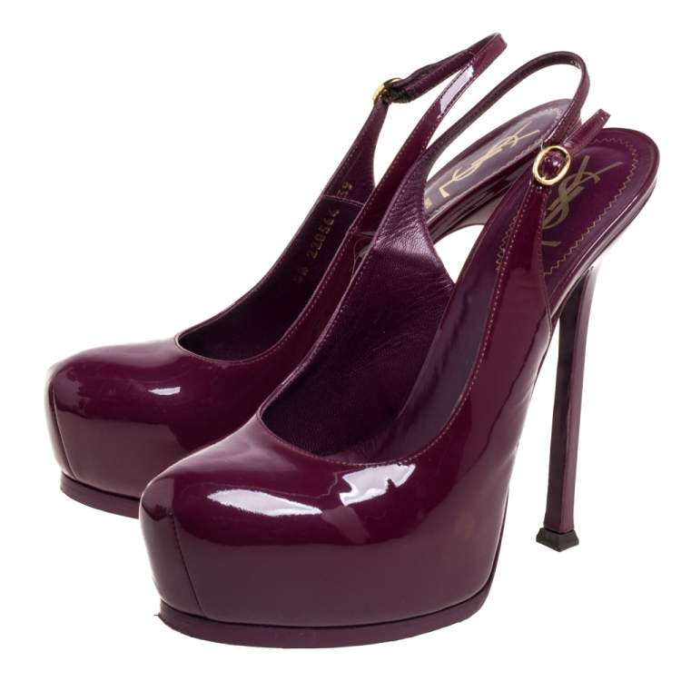 Pre Owned Saint Laurent Burgundy Patent Leather Round Toe Slingback Pumps Size 39