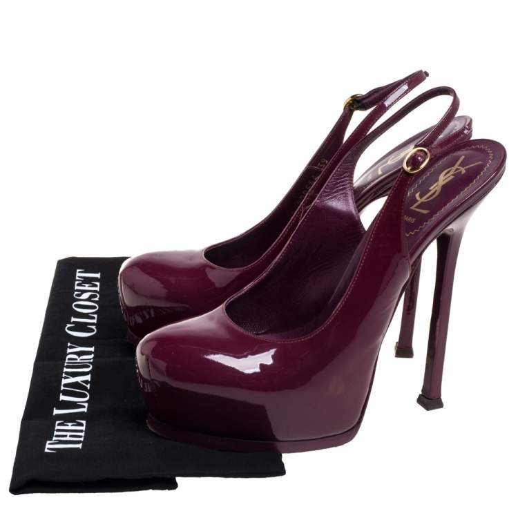 Pre Owned Saint Laurent Burgundy Patent Leather Round Toe Slingback Pumps Size 39