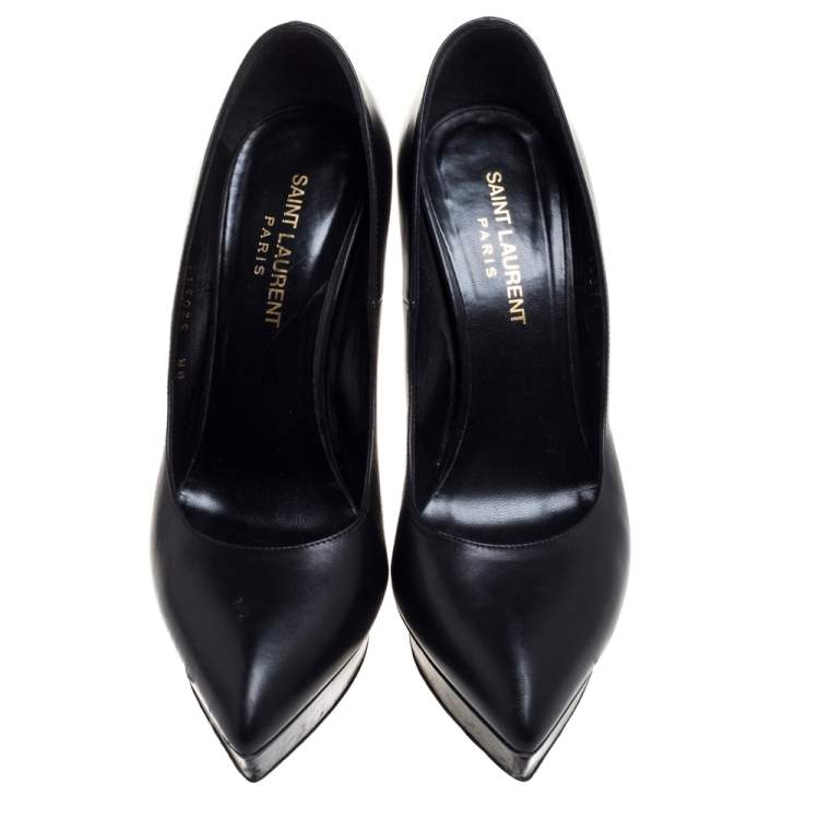 Pre Owned Saint Laurent Black Leather Janis Pointed Toe Platform Pumps Size 38