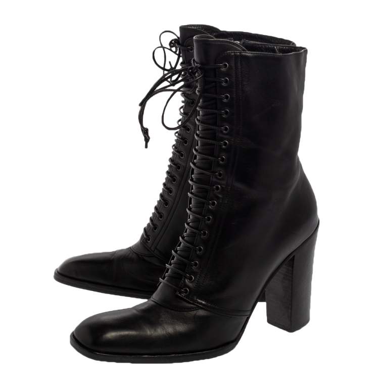 Pre Owned Saint Laurent  Black Leather Zipper Detail  Boots Size 37
