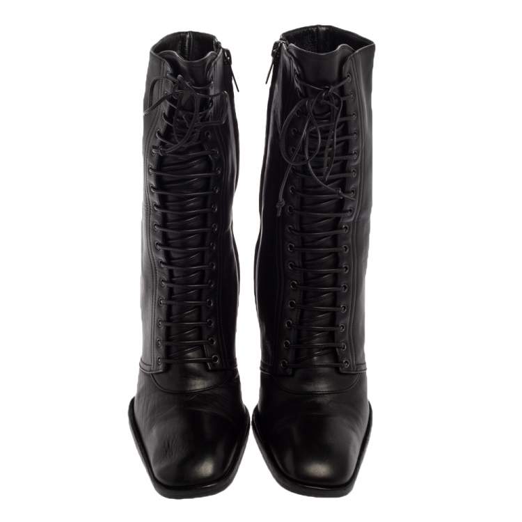 Pre Owned Saint Laurent  Black Leather Zipper Detail  Boots Size 37