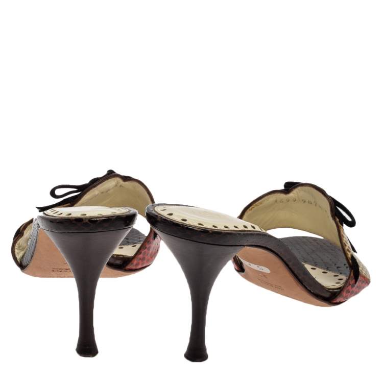 Pre Owned Saint Laurent Multicolor Snakeskin Bow Slide Sandals Size 36