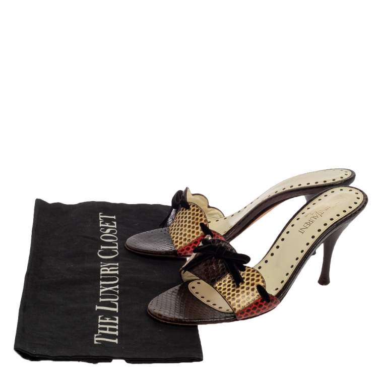 Pre Owned Saint Laurent Multicolor Snakeskin Bow Slide Sandals Size 36