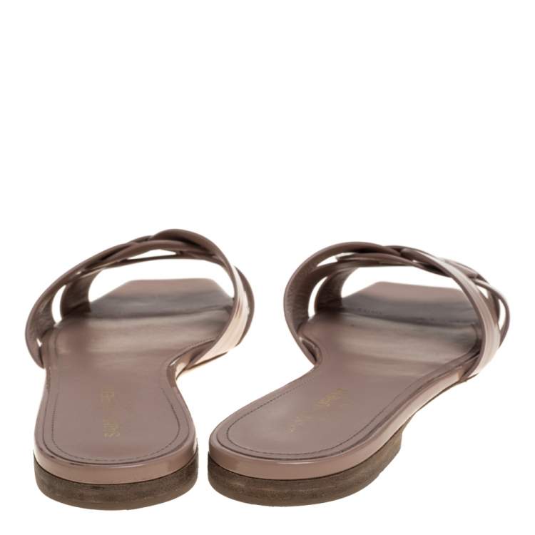 Pre Owned Saint Laurent Beige Patent Leather Tribute Flat Slides Size 40 