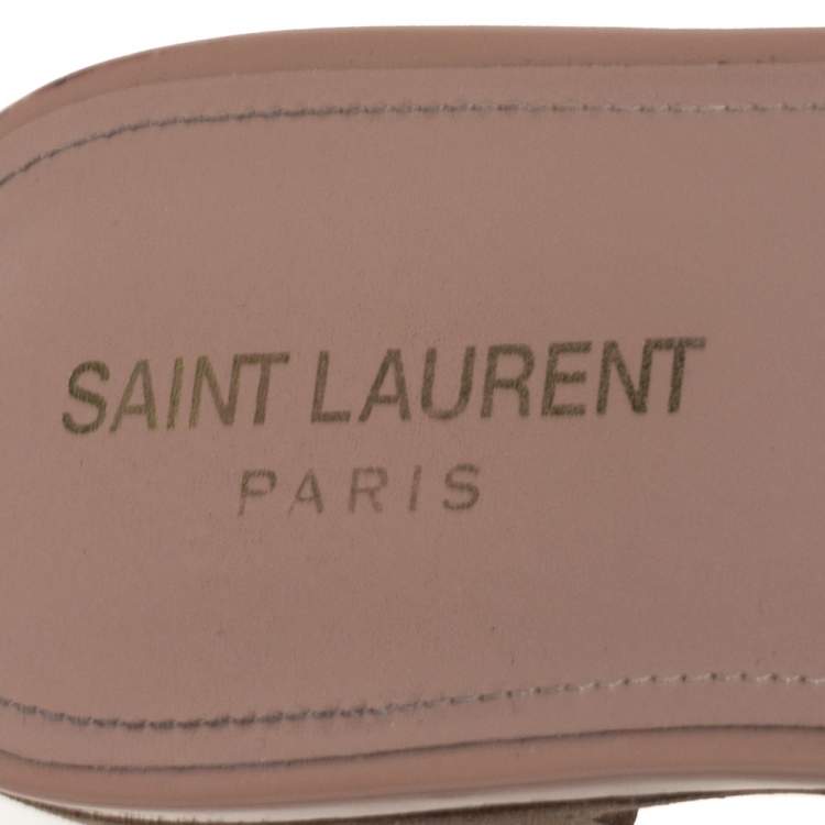 Pre Owned Saint Laurent Beige Patent Leather Tribute Flat Slides Size 40 