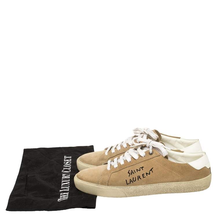 Pre Owned Saint Laurent Beige Suede Court Classic Logo Sneakers Size 39