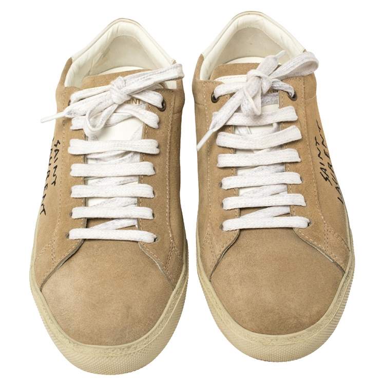 Pre Owned Saint Laurent Beige Suede Court Classic Logo Sneakers Size 39