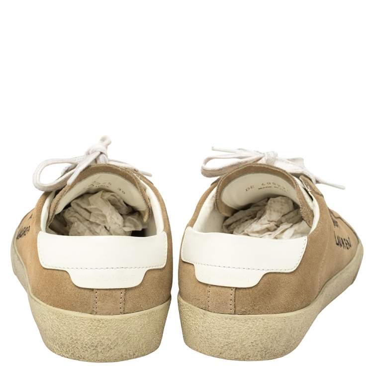Pre Owned Saint Laurent Beige Suede Court Classic Logo Sneakers Size 39