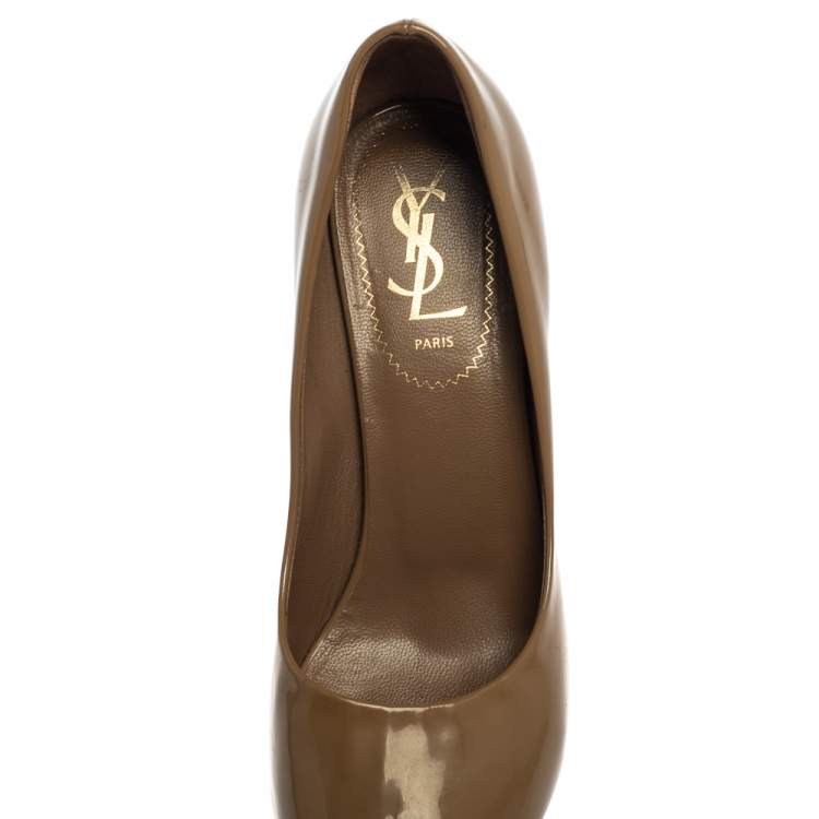Pre Owned Saint Laurent Brown Patent Leather Peep Toe Platform Pumps Size 36.5