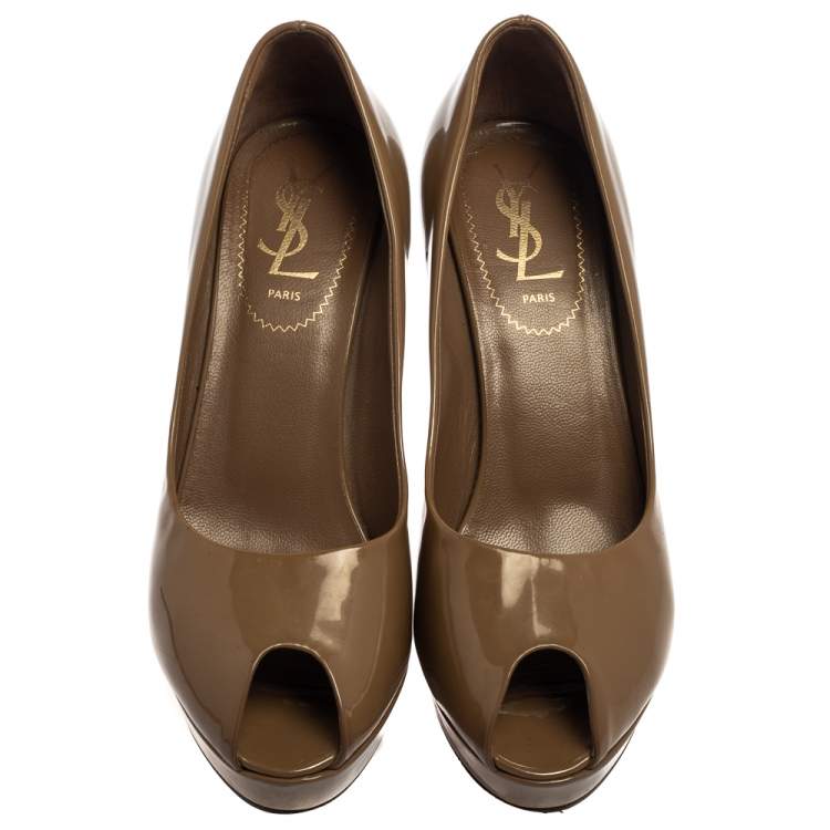 Pre Owned Saint Laurent Brown Patent Leather Peep Toe Platform Pumps Size 36.5