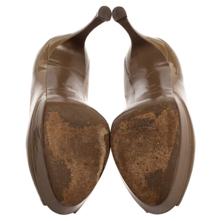 Pre Owned Saint Laurent Brown Patent Leather Peep Toe Platform Pumps Size 36.5