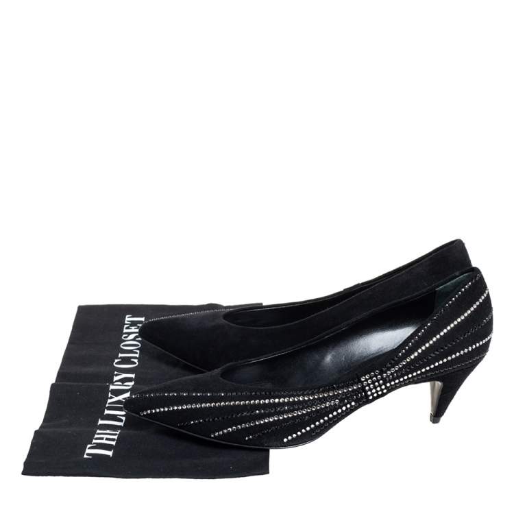 Pre Owned Saint Laurent Black Velvet Crystal Embellished Pointed-Toe Pumps Size 39