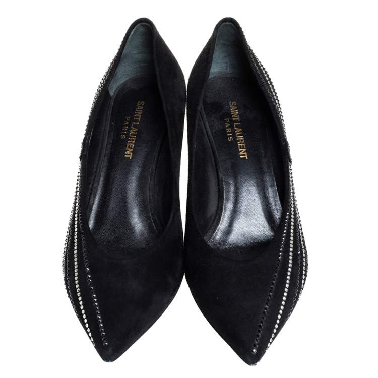 Pre Owned Saint Laurent Black Velvet Crystal Embellished Pointed-Toe Pumps Size 39