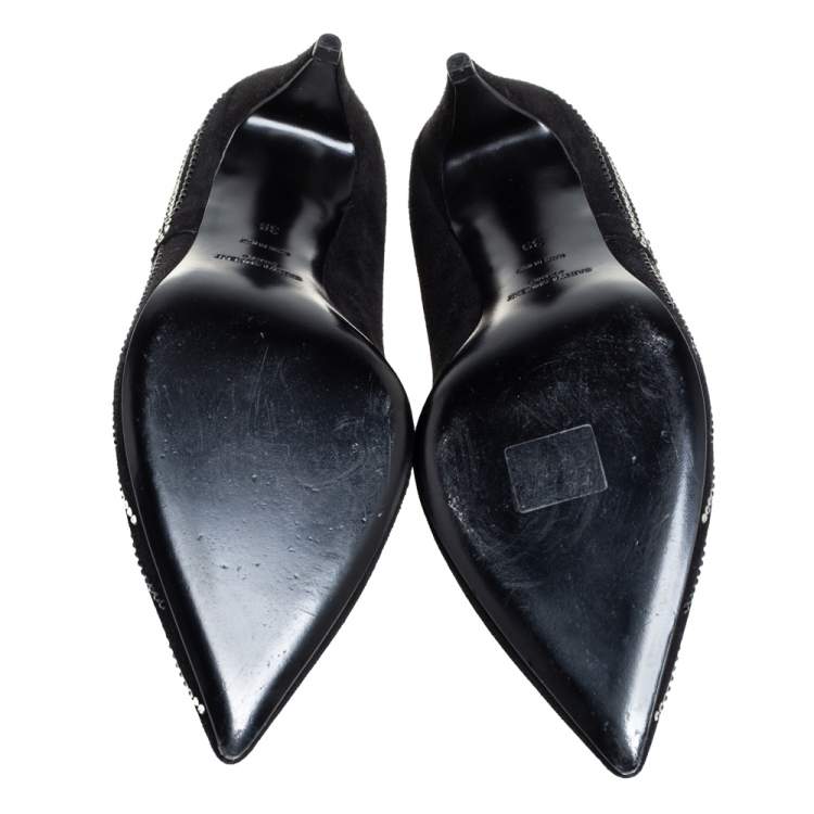 Pre Owned Saint Laurent Black Velvet Crystal Embellished Pointed-Toe Pumps Size 39