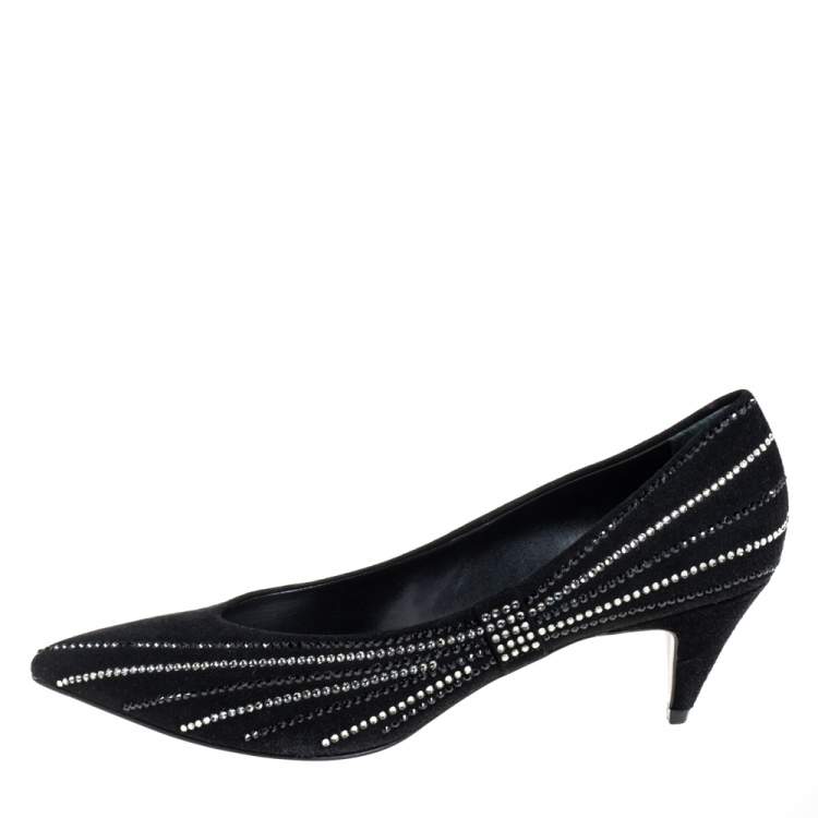 Pre Owned Saint Laurent Black Velvet Crystal Embellished Pointed-Toe Pumps Size 39