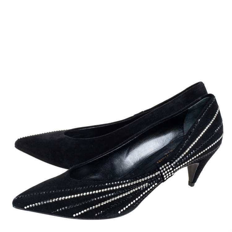 Pre Owned Saint Laurent Black Velvet Crystal Embellished Pointed-Toe Pumps Size 39