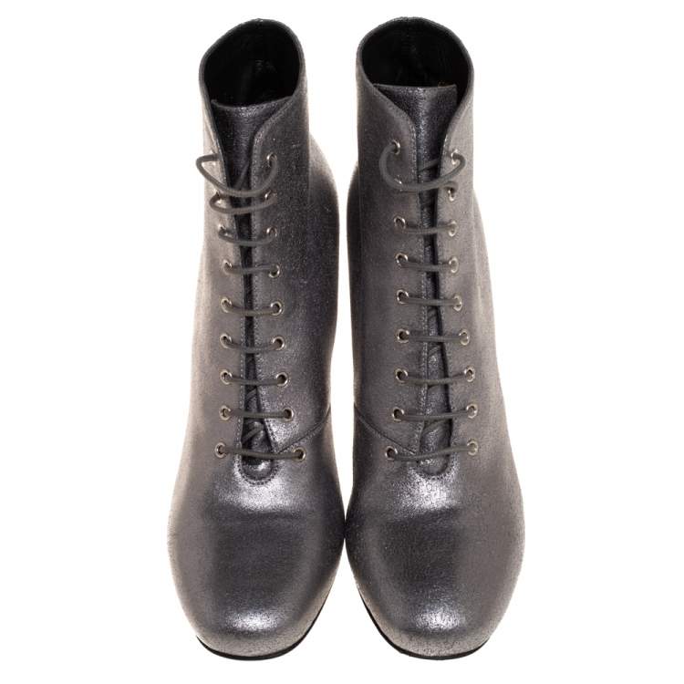 Pre Owned Saint Laurent Metallic Silver Leather Lace Up Boots Size 41