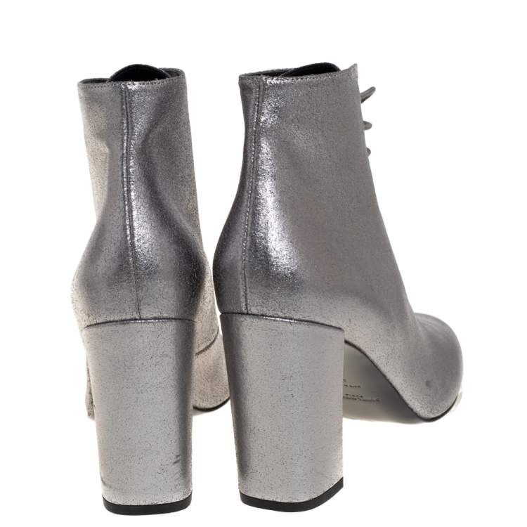 Pre Owned Saint Laurent Metallic Silver Leather Lace Up Boots Size 41
