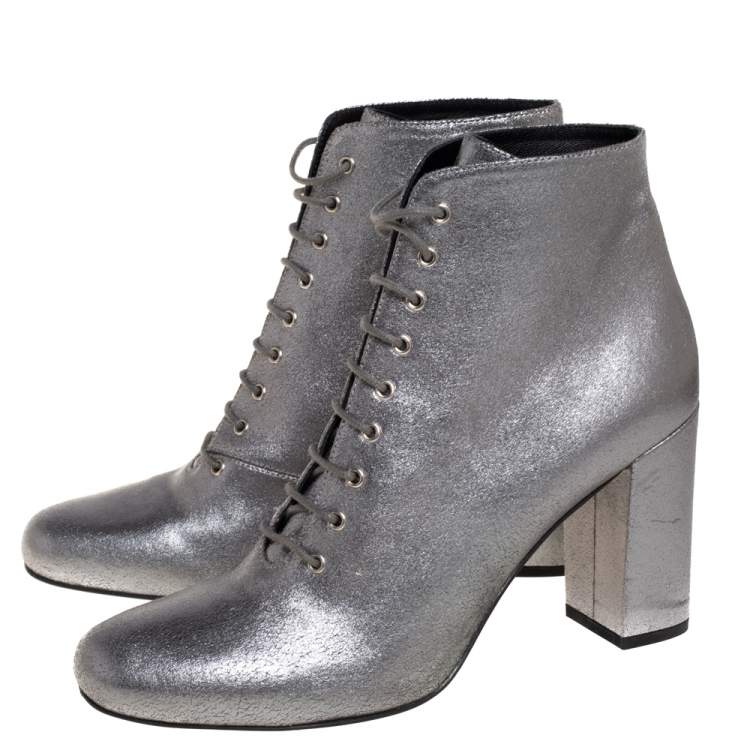 Pre Owned Saint Laurent Metallic Silver Leather Lace Up Boots Size 41