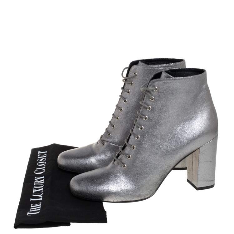 Pre Owned Saint Laurent Metallic Silver Leather Lace Up Boots Size 41