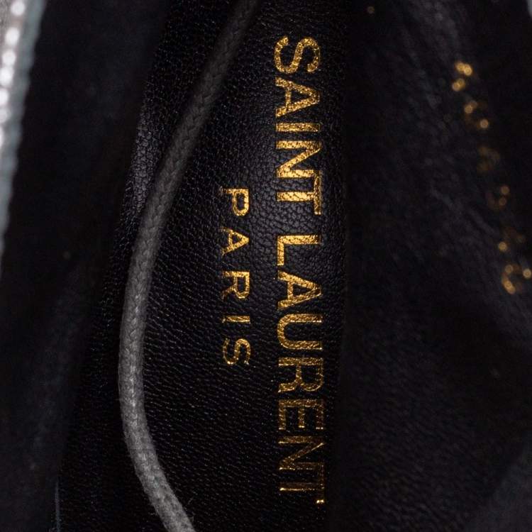 Pre Owned Saint Laurent Metallic Silver Leather Lace Up Boots Size 41
