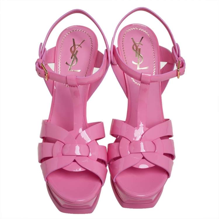 Pre Owned Saint Laurent Paris Pink Patent  Leather Tribute Sandals Size 38.5