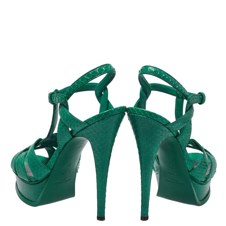 Pre Owned Saint Laurent Green Python Leather Tribute Sandals Size 38